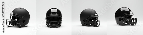 Matte Black Football Helmet Views - Four views of a matte black football helmet, showcasing its design and details. Sport, protection, safety, competition, victory