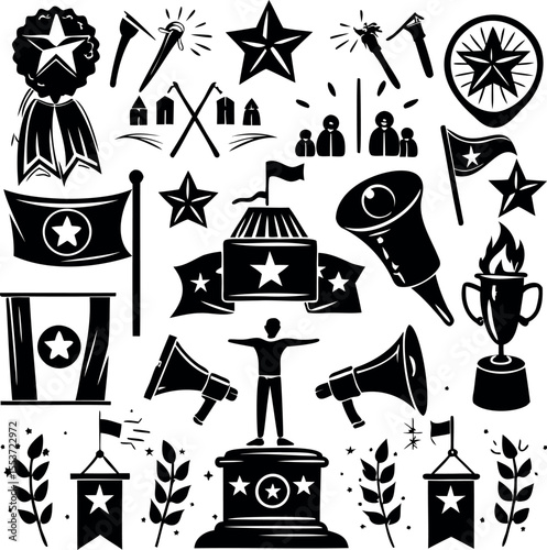 Monochrome illustration of political and patriotic symbols featuring stars and megaphones