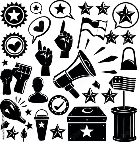 Black and White Graphics Depicting Political and Civic Engagement Icons