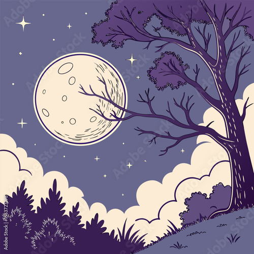 night sky with moon vector,  stunning vector illustration of a glowing full moon 