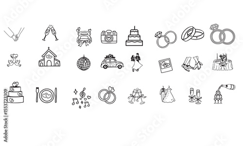 Collection of hand drawn wedding icons and symbols for celebration and romance