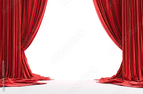Red velvet stage curtains open on white background