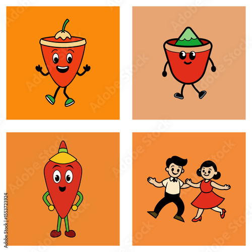 Cartoon illustration featuring anthropomorphic food items and a dancing couple in four panels