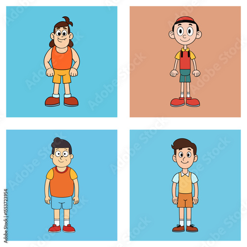Illustration featuring four different cartoon boys in various outfits and poses on colored backgrounds