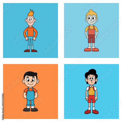 Illustration featuring four cartoon boys with different hair and clothing on colored backgrounds