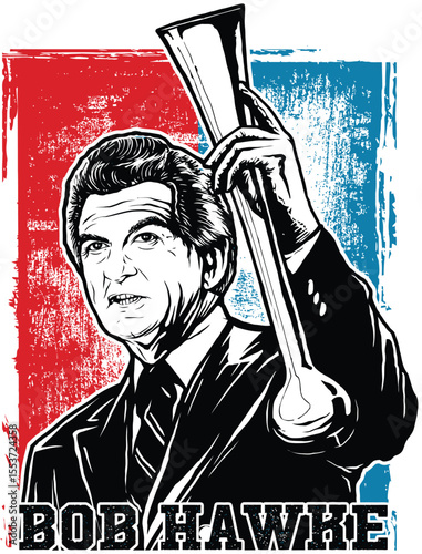  A striking portrait of bob hawke holding a trumpet, illustrated in a vintage style with red, white, and blue accents