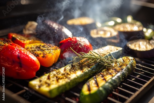 Colorful vegetables grilling on barbecue with smoke rising in a sunny outdoor setting