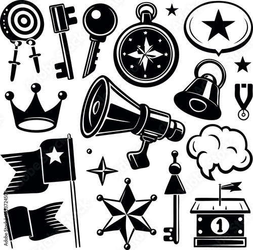 Assorted Black and White Graphics Featuring Flags, Keys, Stars, and More