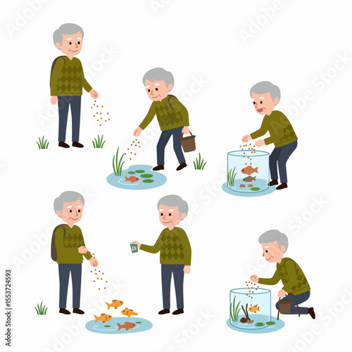 Senior Man Feeding Fish: A charming illustration showcases a senior man tending to fish in various settings, from a pond to an aquarium, evoking a sense of calm and gentle care. 
