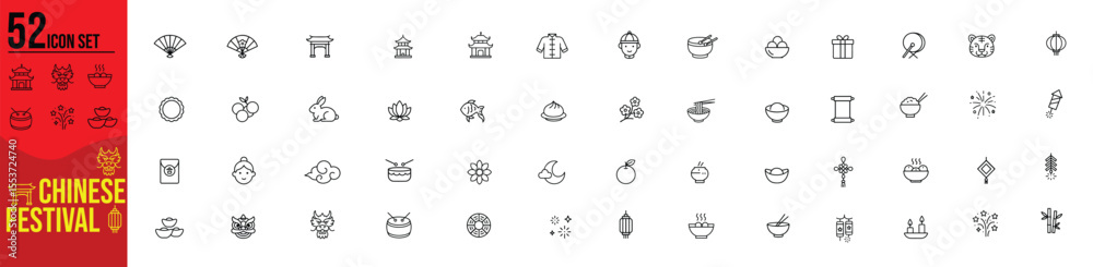 Fototapeta premium Minimalist Line Icon Set of Chinese Festival Symbols in Traditional Vector Style.culture, tradition,lantern, mooncake, celebration, spring, holiday, zodiac, firework