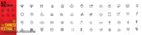 Minimalist Line Icon Set of Chinese Festival Symbols in Traditional Vector Style.culture, tradition,lantern, mooncake, celebration, spring, holiday, zodiac, firework