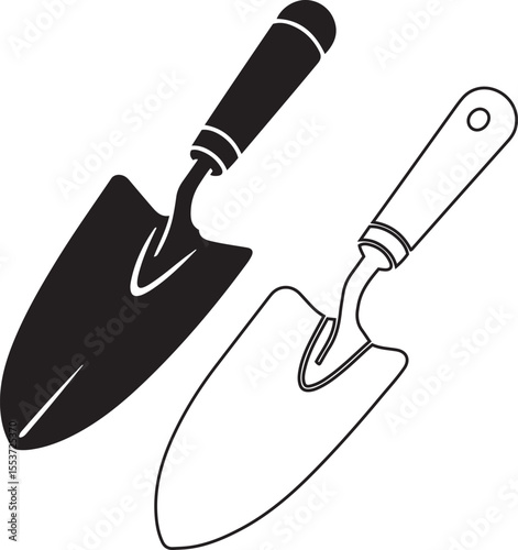 Gardening Trowel Icons, Black Silhouette and Line Art, Simple, Clean Design.