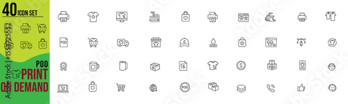 Minimalist Line Icon Set of Print on Demand (POD) Symbols in Modern Vector Style.t-shirt, mug, ecommerce, design, product, custom, apparel, printing,POD
