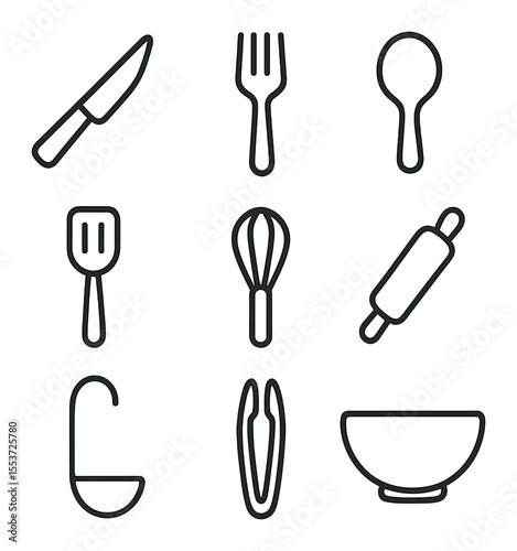 Kitchen Utensil Icons. Outline icon set of kitchen utensils: knife, fork, spoon, spatula, whisk, rolling pin,