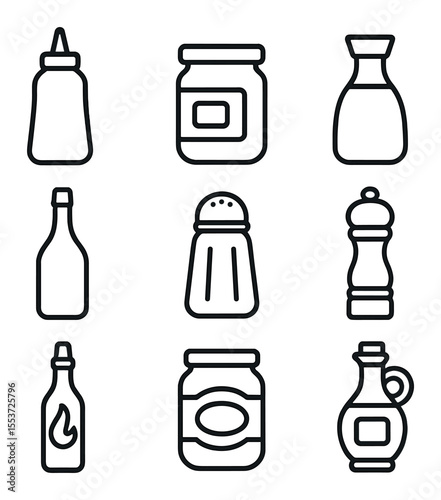 Condiment Icons Grid. Outline icon set of condiments: ketchup bottle, mustard jar, soy sauce bottle, vinegar
