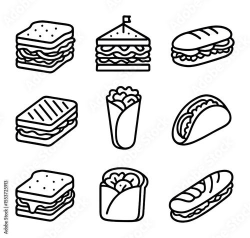 Sandwich Icon Grid. Outline icon set of sandwiches: BLT sandwich, club sandwich, sub roll, panini, wrap taco,