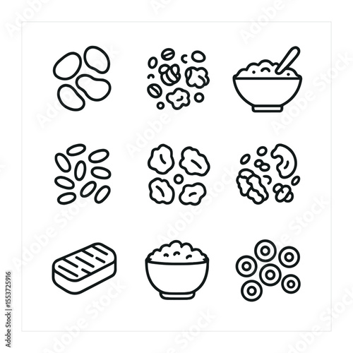 Breakfast Cereal Icons. Outline icon set of breakfast cereals: corn flakes, granola, oatmeal bowl, puffed rice