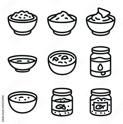 Sauce & Dip Icons. Outline icon set of sauces & dips: salsa bowl, guacamole bowl, hummus bowl, cheese dip, soy