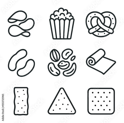 Snack Foods Icons. Outline icon set of snack foods: potato chips, popcorn, pretzel, cheese puff, nut mix,