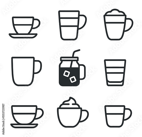 Coffee Icon Collection. Outline icon set of coffee varieties: espresso cup, latte cup, cappuccino cup,
