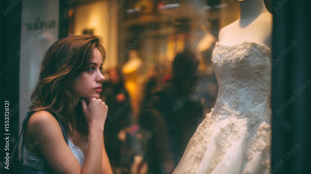 Naklejka premium Young Woman Staring at Bridal Dress Through Shop Window