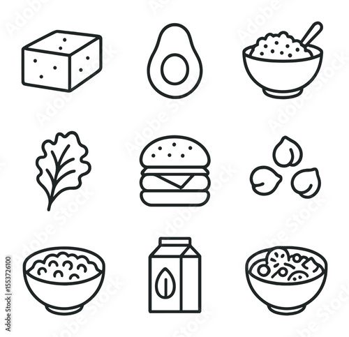 Vegan Food Icons. Outline icon set of vegan foods: tofu block, avocado half, quinoa bowl, vegetable curry bowl
