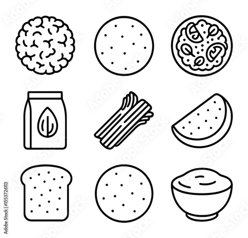 Gluten-Free Food Icons. Outline icon set of gluten free foods: rice cake, corn tortilla, quinoa salad, almond