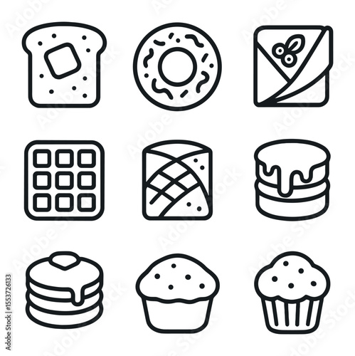 Breakfast Sweets Icons. Outline icon set of breakfast sweets: french toast, donut, crêpe, waffle, pastry,