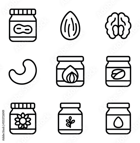 Nut Spreads Icon Set. Outline icon set of nuts & spreads: peanut butter jar, almond butter jar, walnut half,