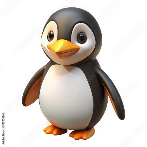 Cute 3d cartoon penguin character standing and smiling isolated on transparent background