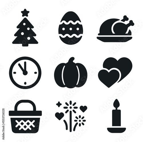 Holiday Icon Grid. olid, filled icons set of holidays with family: Christmas tree, Easter egg, turkey roast,