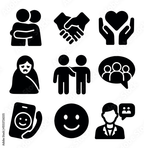 Emotional Support Icons. olid, filled icons set of emotional support: hugging, holding hands, sharing heart,