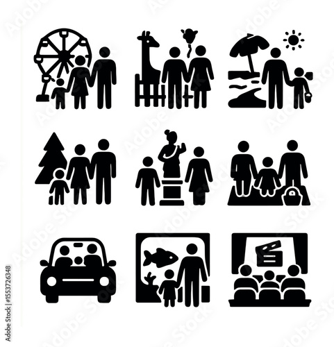 Family Outing Icons. olid, filled icons set of family outings: amusement park, zoo, beach, forest trail,