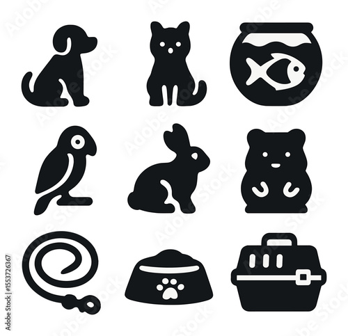 Pet Icons Grid. olid, filled icons set of family pets: dog, cat, fish bowl, parrot, rabbit, hamster, leash,