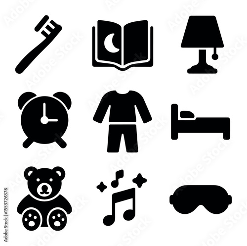 Bedtime Routine Icons. Solid, filled icons set of bedtime routine: toothbrush, bedtime storybook, night lamp,