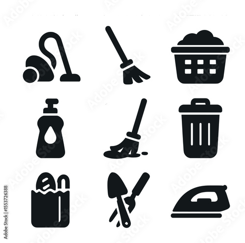 Chores Icon Grid. Solid, filled icons set of chores and tasks: vacuum cleaner, broom, laundry basket, dish
