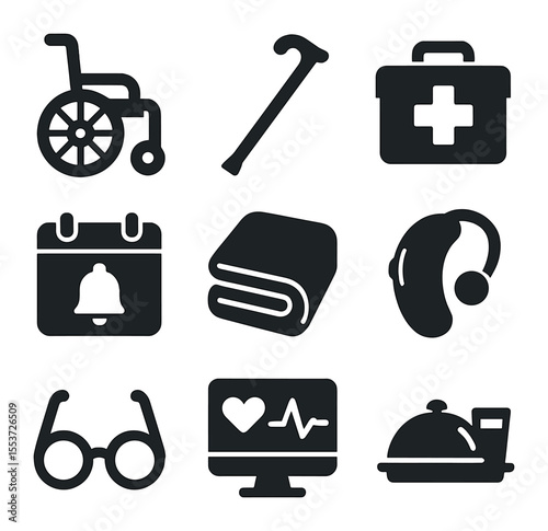 Elderly Care Icons. Solid, filled icons set of elderly care: wheelchair, walking cane, medicine box, calendar