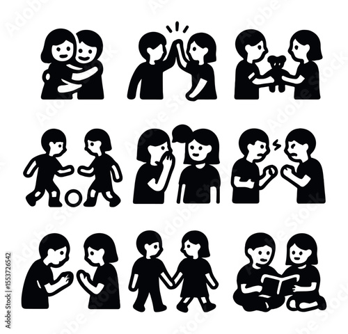Sibling Love Icons. Solid, filled icons set of sibling love: hugging, high five, shared toy, team sports,