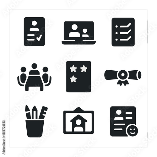 Parent-Teacher Icon Set. Solid, filled icons set of parent-teacher events: school report, conference call,