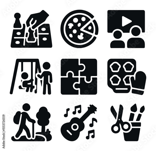 Weekend Fun Icons. Solid, filled icons set of weekend fun: board games, pizza night, family movie, backyard