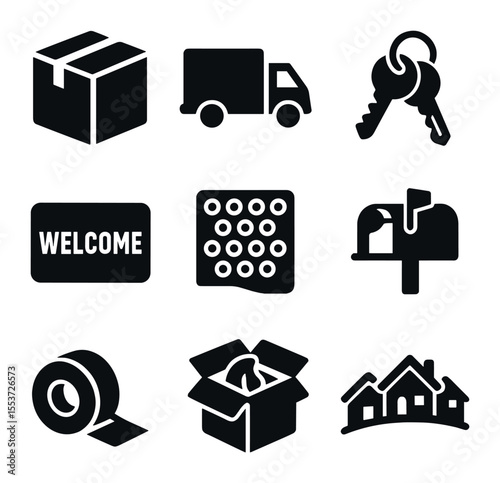 Moving Icons Collection. Solid, filled icons set of moving & relocation: cardboard box, moving truck, house