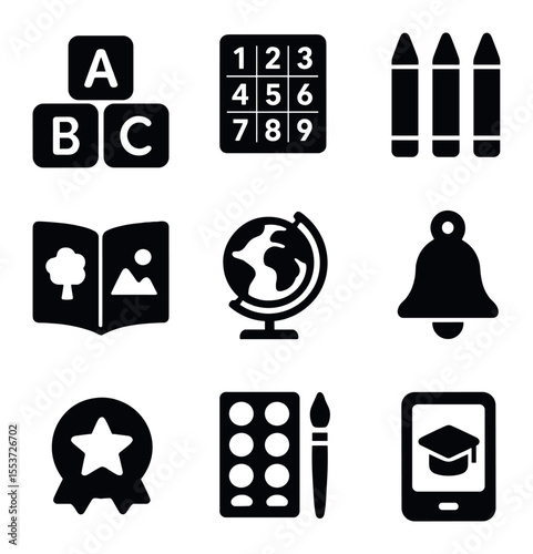 Educational Icons Grid. Solid, filled icons set of kids learning: ABC blocks, number chart, crayons, picture