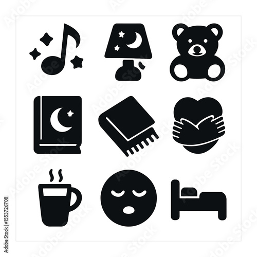 Bedtime Comfort Icons. Solid, filled icons set of bedtime comfort: lullaby, nightlight, teddy bear, bedtime