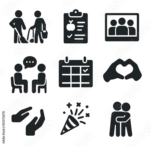 Household Harmony Icons. Solid, filled icons set of household harmony: shared chores, meal plan, group photo,