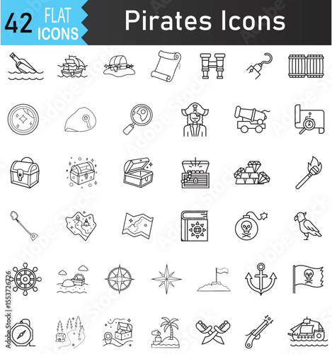 Pirate Adventure Icons Set. Linear Style Editable Stroke for Exploration and Treasure