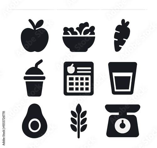 Healthy Eating Icons. Solid, filled icons set of healthy eating: apple, salad bowl, carrot, smoothie cup, meal