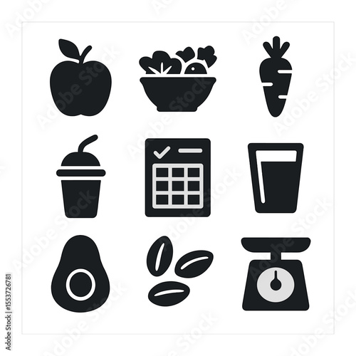 Healthy Eating Icons. Solid, filled icons set of healthy eating: apple, salad bowl, carrot, smoothie cup, meal