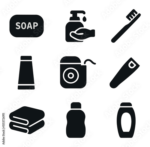 Personal Hygiene Icons. Solid, filled icons set of personal hygiene: soap bar, hand wash, toothbrush,