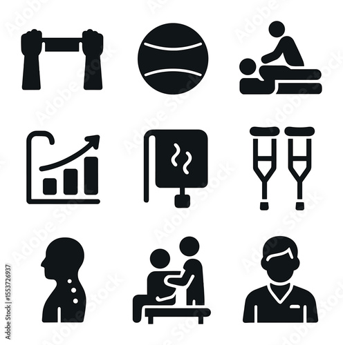 Physical Therapy Icons. Solid, filled icons set of physical therapy: stretch band, therapy ball, massage icon,