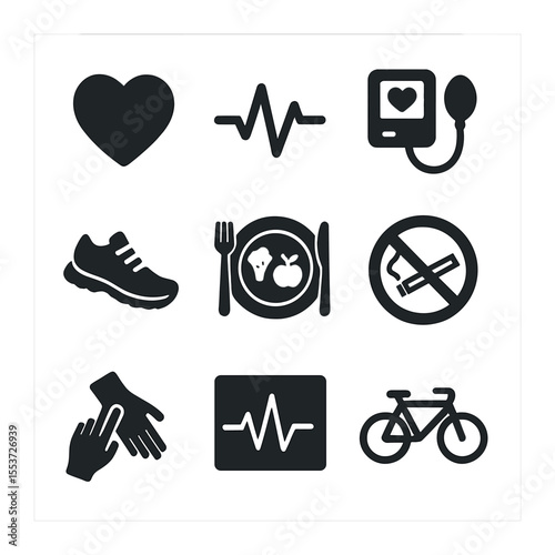 Cardiovascular Health Icons. Solid, filled icons set of cardiovascular health: heart, heartbeat line, blood